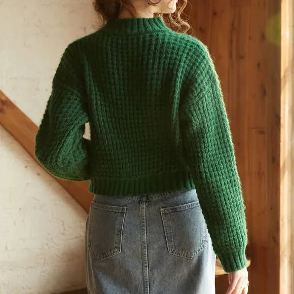 green waffle knit sweater fall winter trending chic casual - Picture 3 of 7